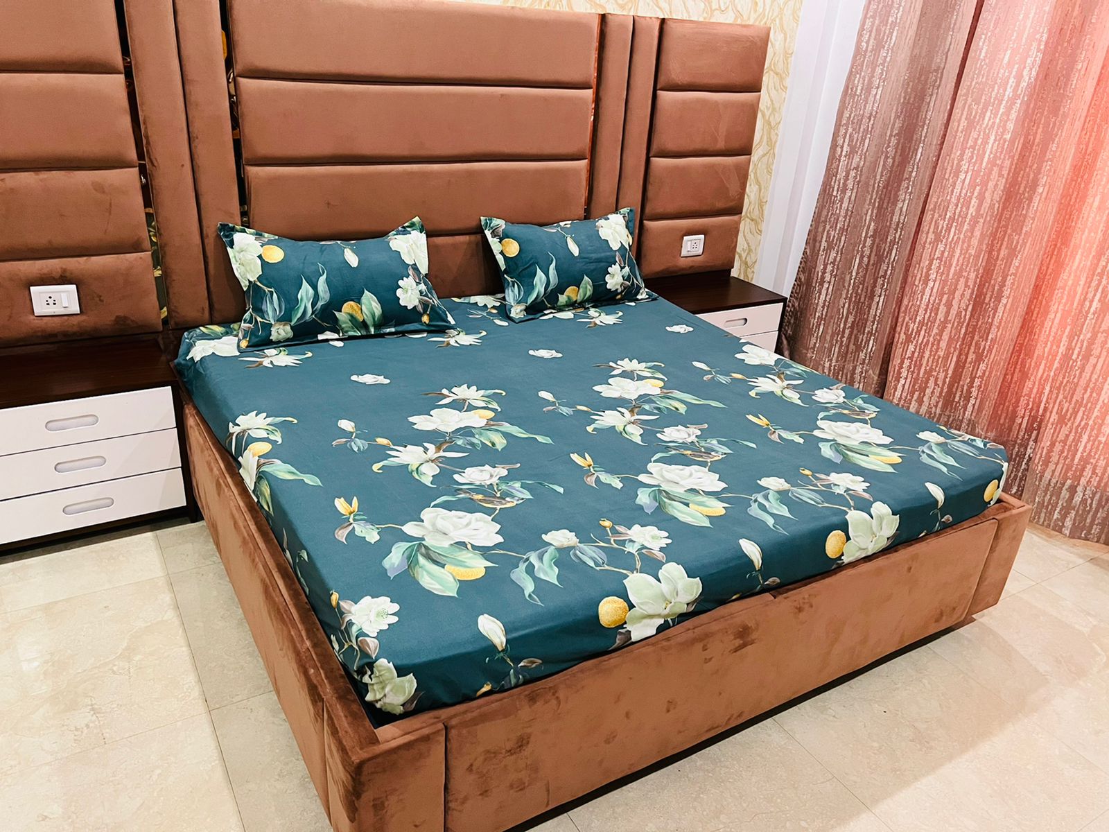 Light Rama color Premium Bedsheet with Flower Pattern 